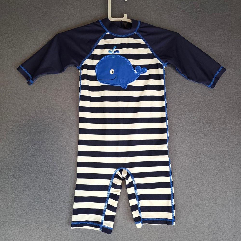 Koala Kids Swimsuit One Piece 18M Navy White Stripe Whale Rash Guard Long Sleeve